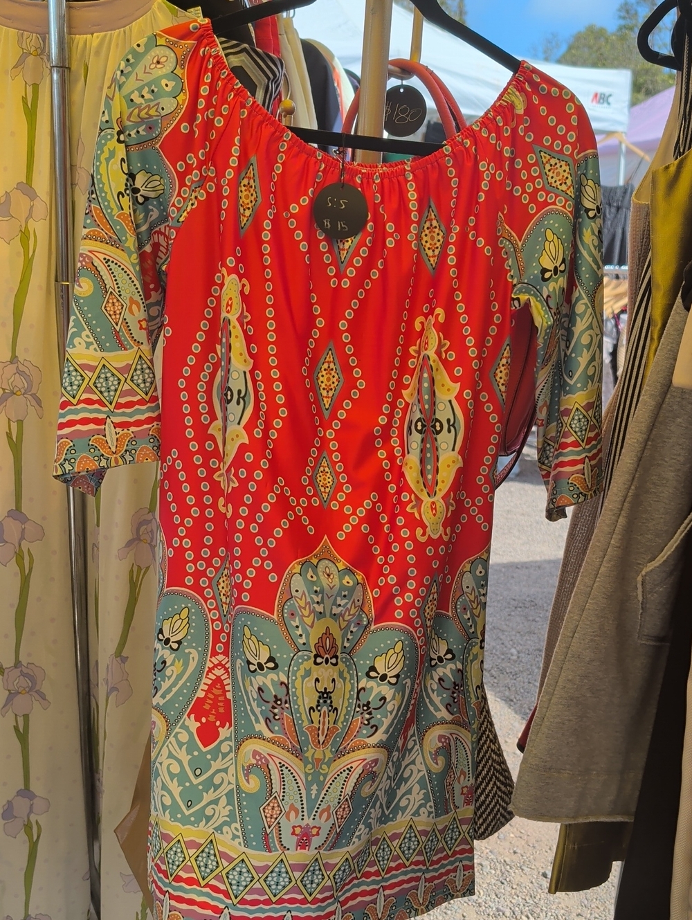 Bohemian Red & Teal Printed Off-Shoulder Dress